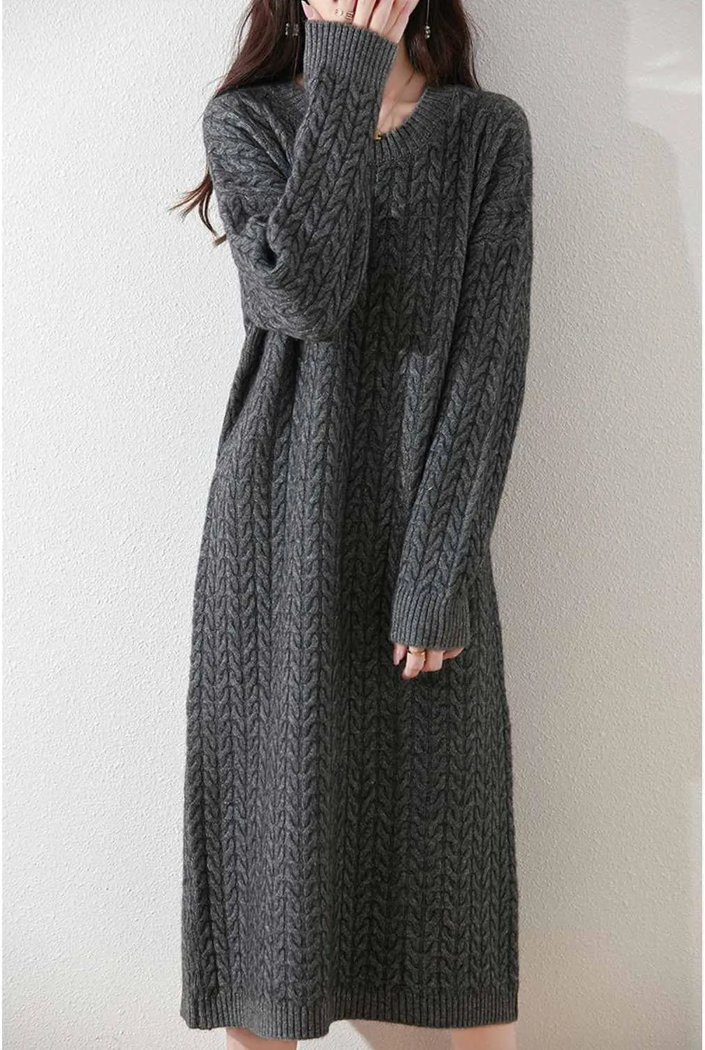 100% Merino Wool Sweater Dress Women's Long Sleeve Knitted O Neck Twists Pullover Fall Winter Loose Long Tops