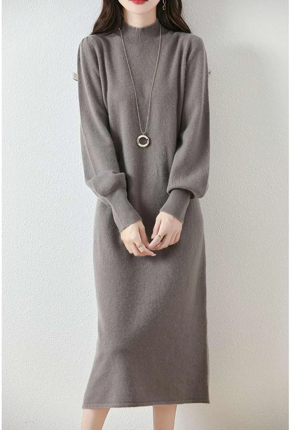 100% Merino Wool Sweater Dress Women's Mock Neck Lantern Sleeve Pullover Autumn Winter Knitted Long Dress