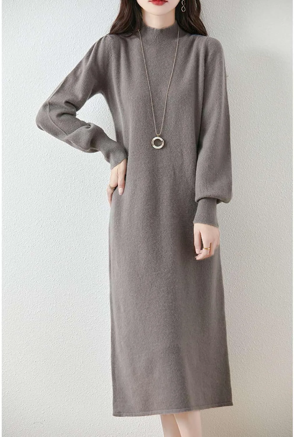 100% Merino Wool Sweater Dress Women's Mock Neck Lantern Sleeve Pullover Autumn Winter Knitted Long Dress