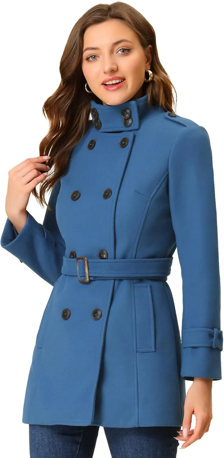 Allegra K Women's Stand Collar Double Breasted Pockets Trendy Outwear Winter Coat with Belt