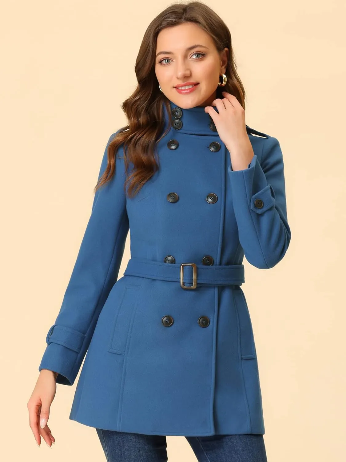 Allegra K Women's Stand Collar Double Breasted Pockets Trendy Outwear Winter Coat with Belt