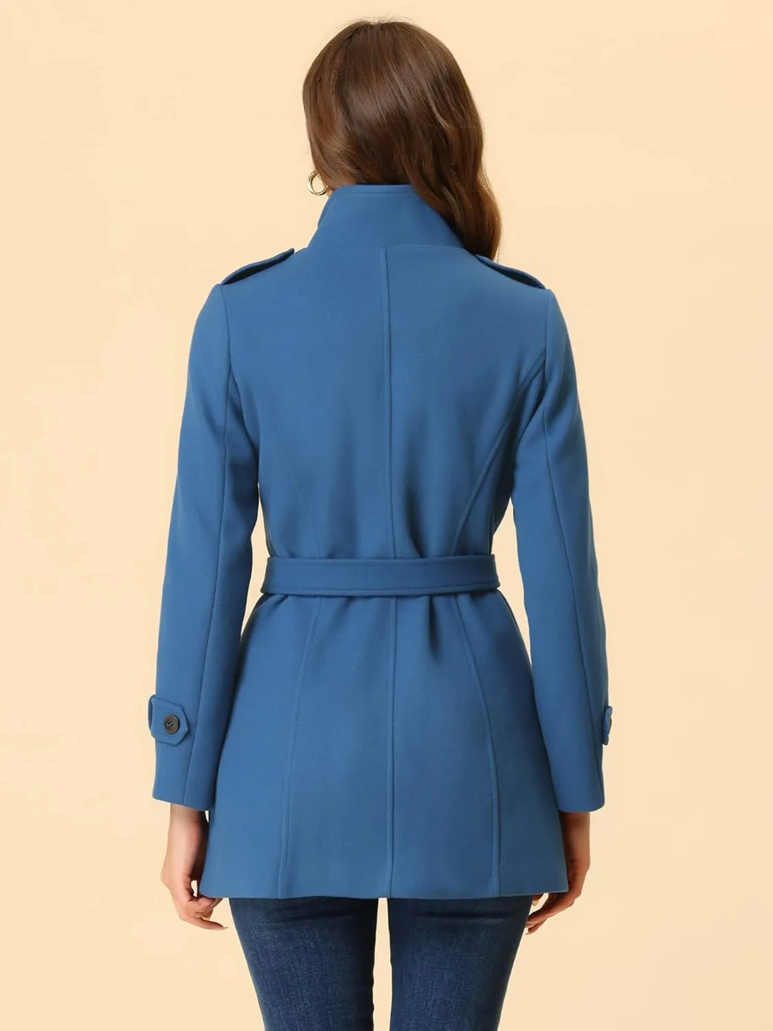 Allegra K Women's Stand Collar Double Breasted Pockets Trendy Outwear Winter Coat with Belt