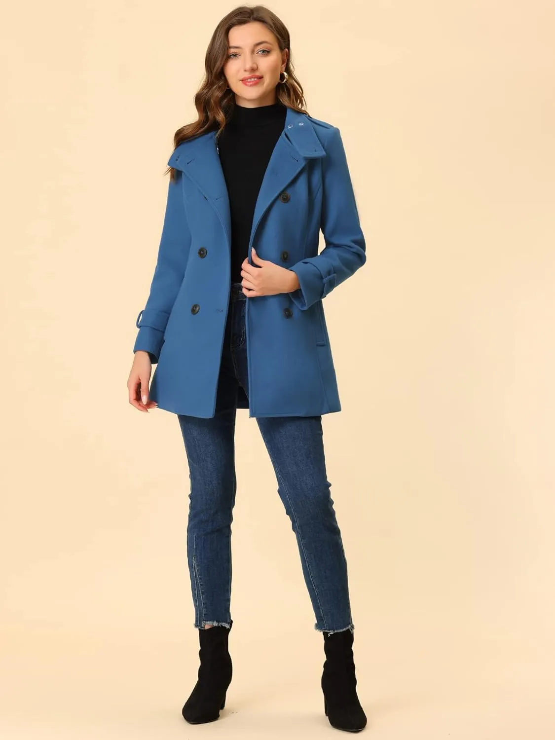 Allegra K Women's Stand Collar Double Breasted Pockets Trendy Outwear Winter Coat with Belt
