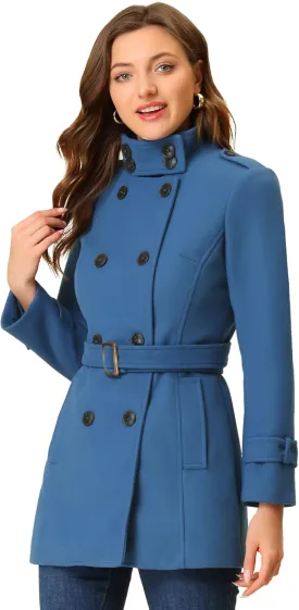 Allegra K Women's Stand Collar Double Breasted Pockets Trendy Outwear Winter Coat with Belt