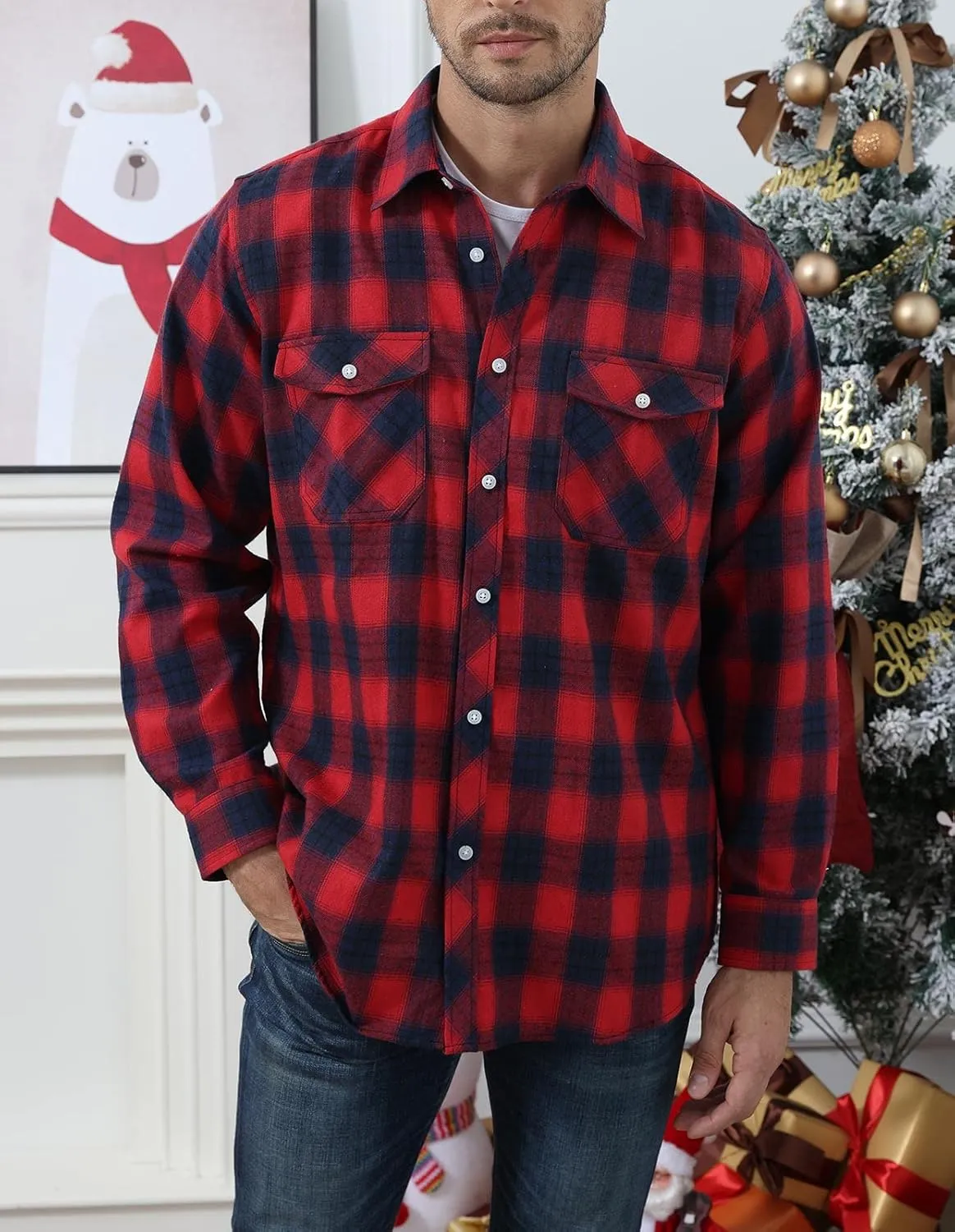 Angbater Mens Flannel Plaid Shirts Fashion Long Sleeve Button Down Shirt with Pockets