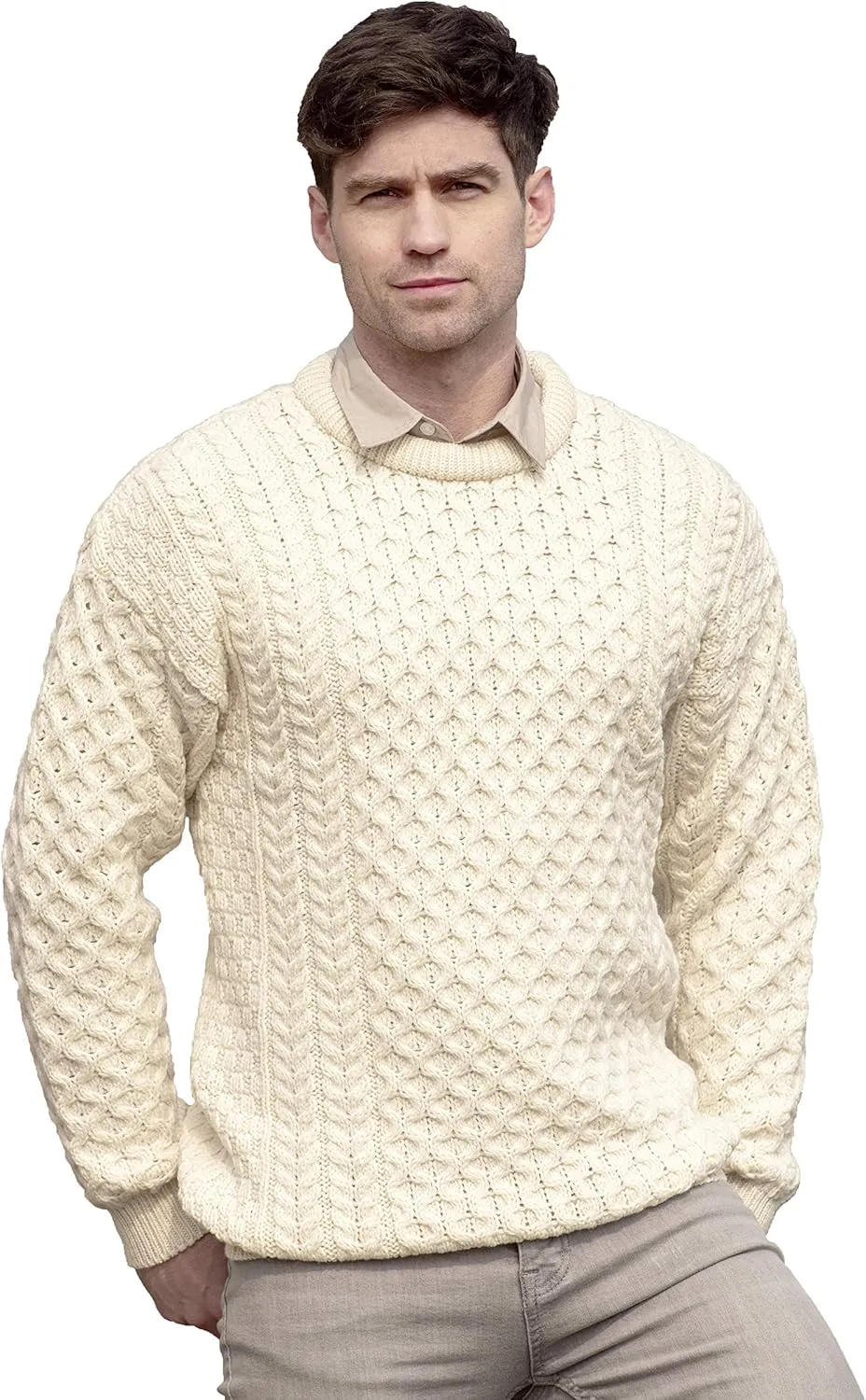 Aran Crafts Unisex Irish Cable Knitted Crew Neck Sweater (100% Merino Wool)