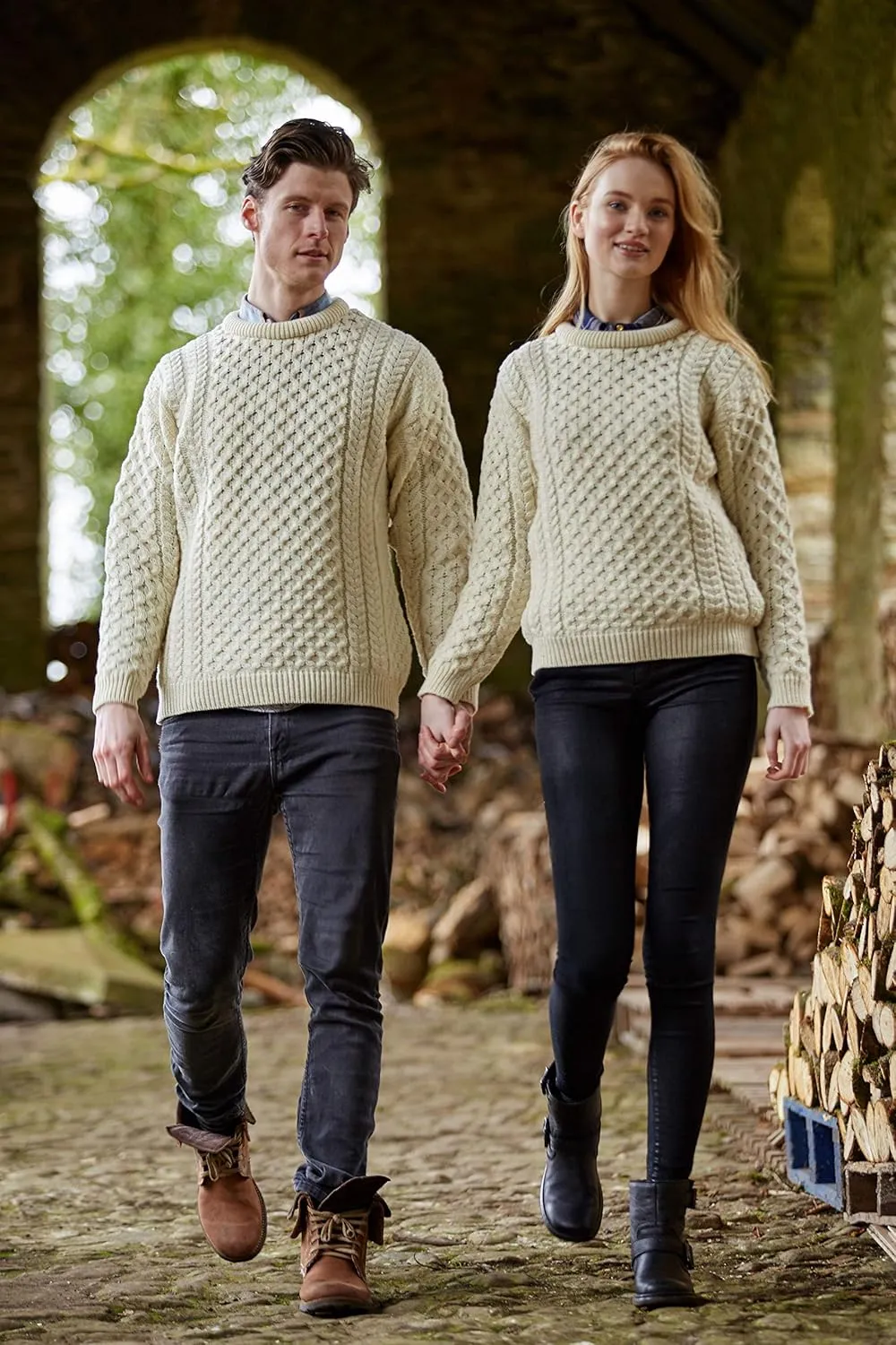 Aran Crafts Unisex Irish Cable Knitted Crew Neck Sweater (100% Merino Wool)