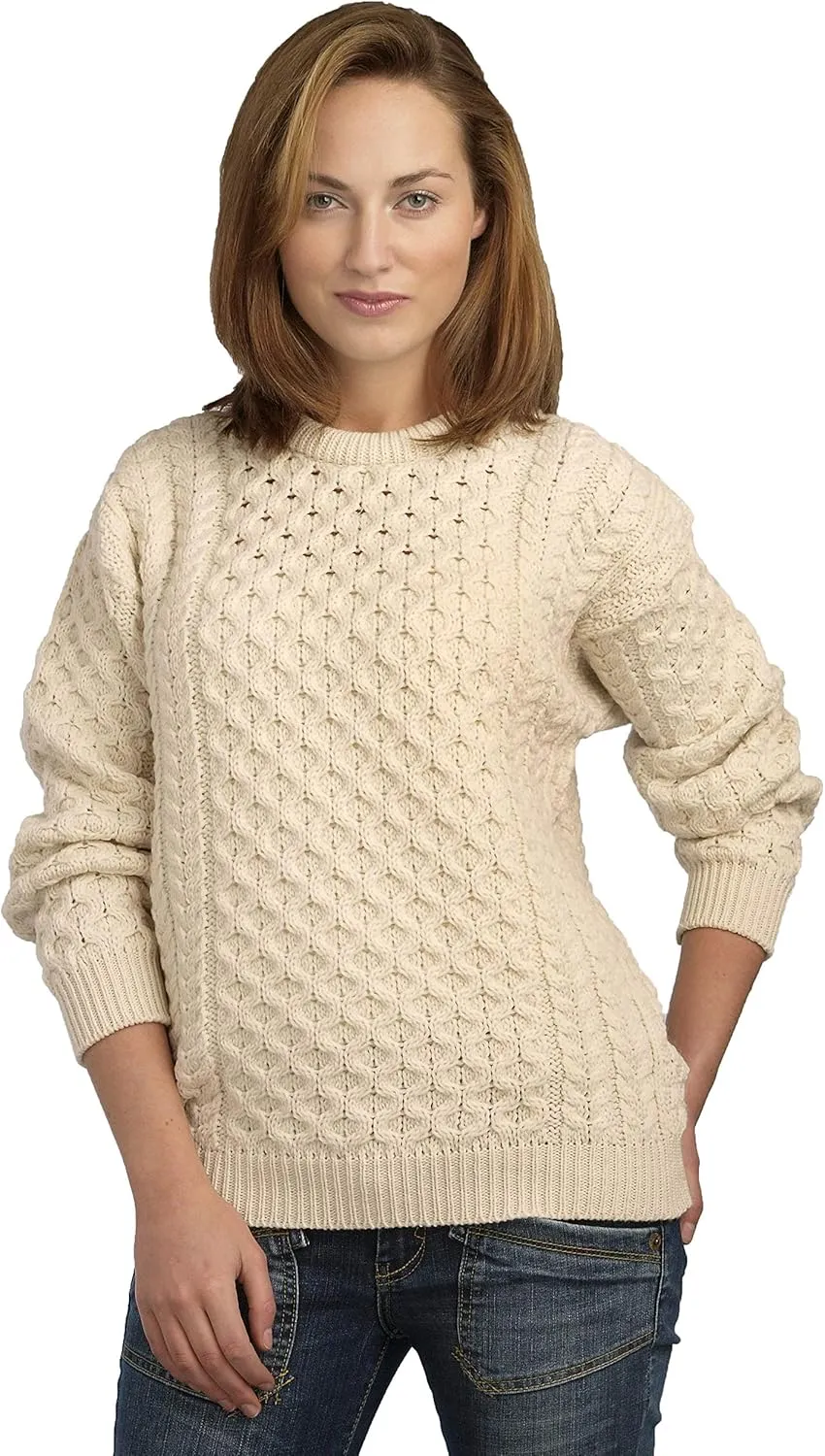 Aran Crafts Unisex Irish Cable Knitted Crew Neck Sweater (100% Merino Wool)
