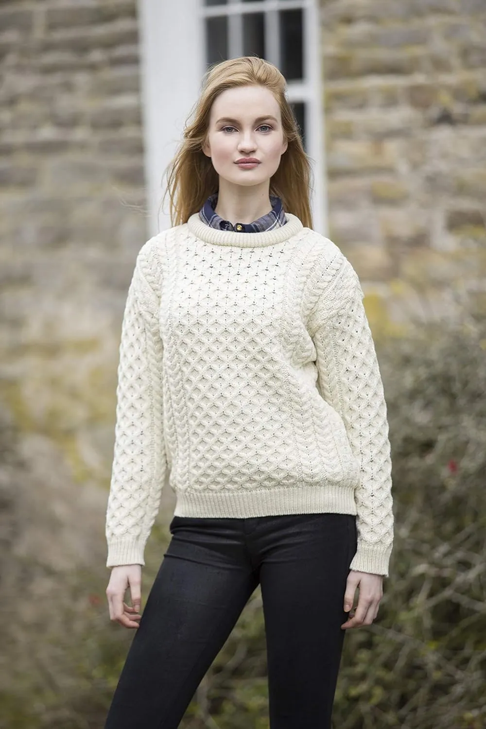 Aran Crafts Unisex Irish Cable Knitted Crew Neck Sweater (100% Merino Wool)