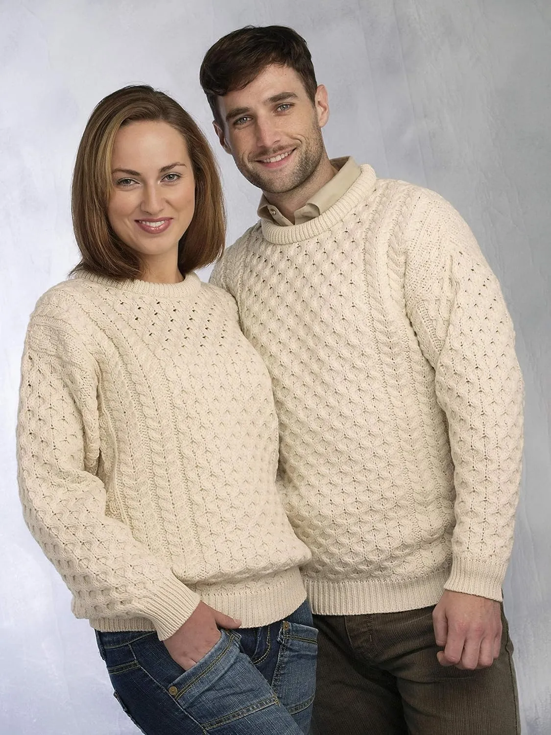 Aran Crafts Unisex Irish Cable Knitted Crew Neck Sweater (100% Merino Wool)