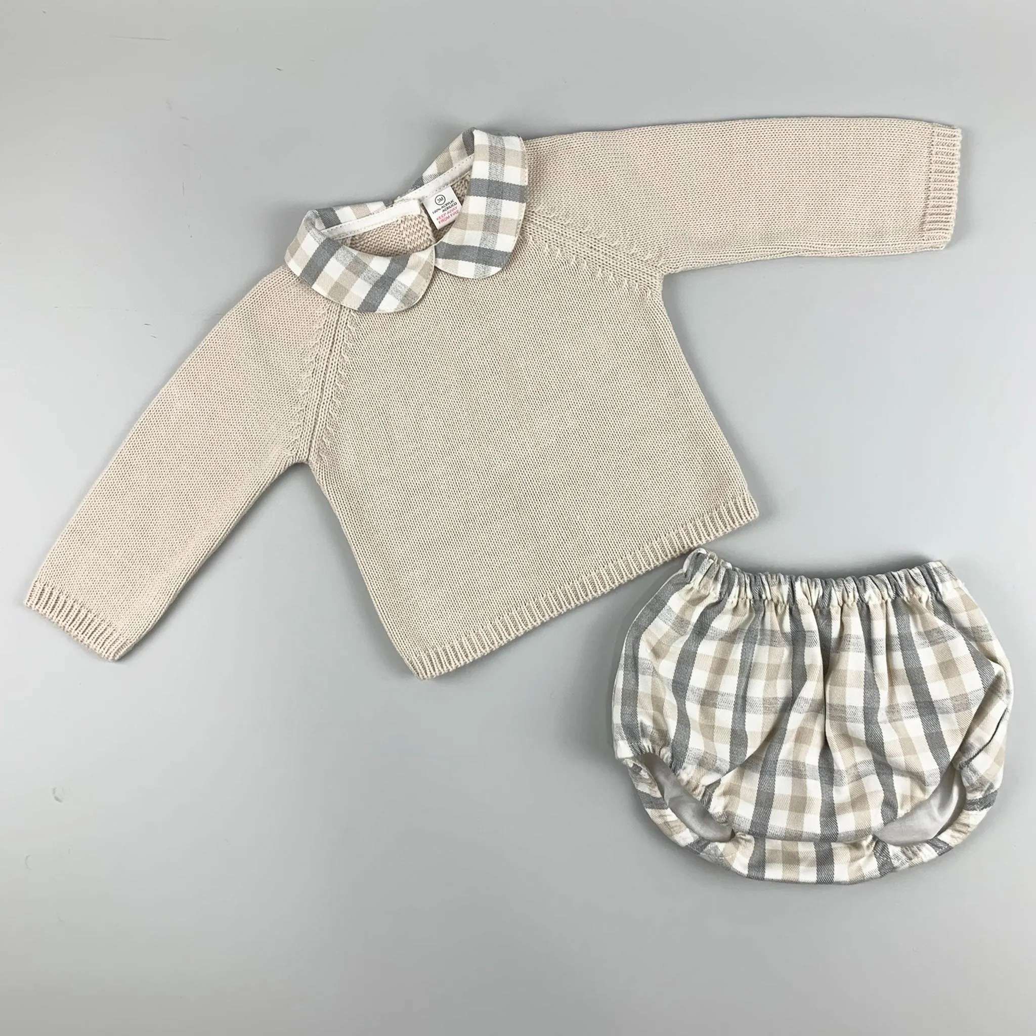 Baby Boys 2 Piece Outfit- Knitted Top & Jam Pants - Beige