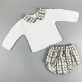 Baby Boys 2 Piece Outfit- Knitted Top & Jam Pants - White / Beige