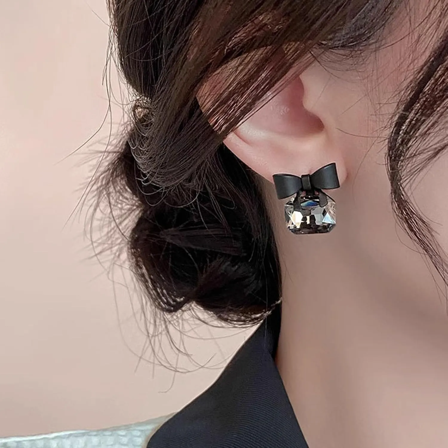 Black Bow Earrings for Women Trendy Rhinestone Dangling Sparkly Wedding Earrings for Brides Black Earring Bow Jewelry