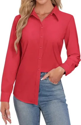 Button Down Shirts for Women Business Casual Blouses Long Sleeve Fit Dress Shirt Collar Wrinkle Free Work Tops