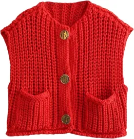 Chevara Womens Chunky Cropped Sweater Vest Cute Sleeveless Crewneck Button Down Crop Knit Cardigan with Pocket
