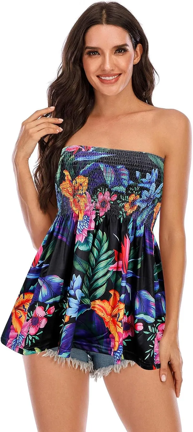Comeon Women's Strapless Sleeveless Tube Tops Pleated Stretch Tunic Tanks Summer Blouse Cami Shirt