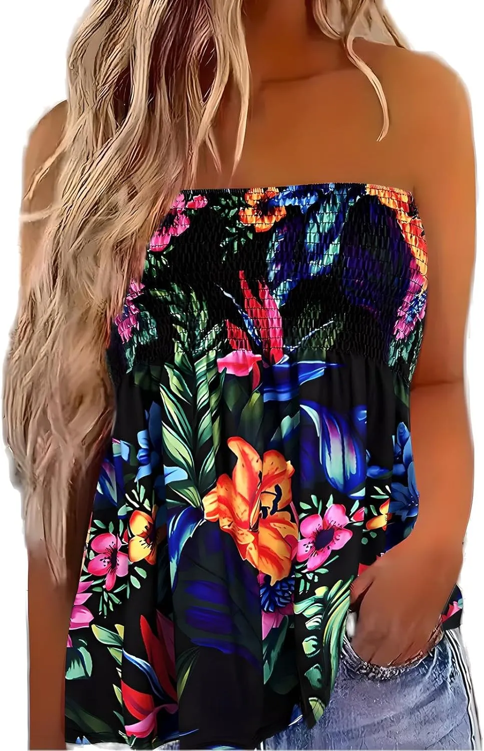 Comeon Women's Strapless Sleeveless Tube Tops Pleated Stretch Tunic Tanks Summer Blouse Cami Shirt