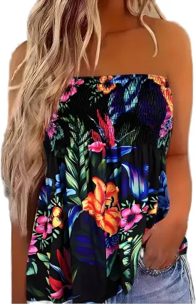 Comeon Women's Strapless Sleeveless Tube Tops Pleated Stretch Tunic Tanks Summer Blouse Cami Shirt