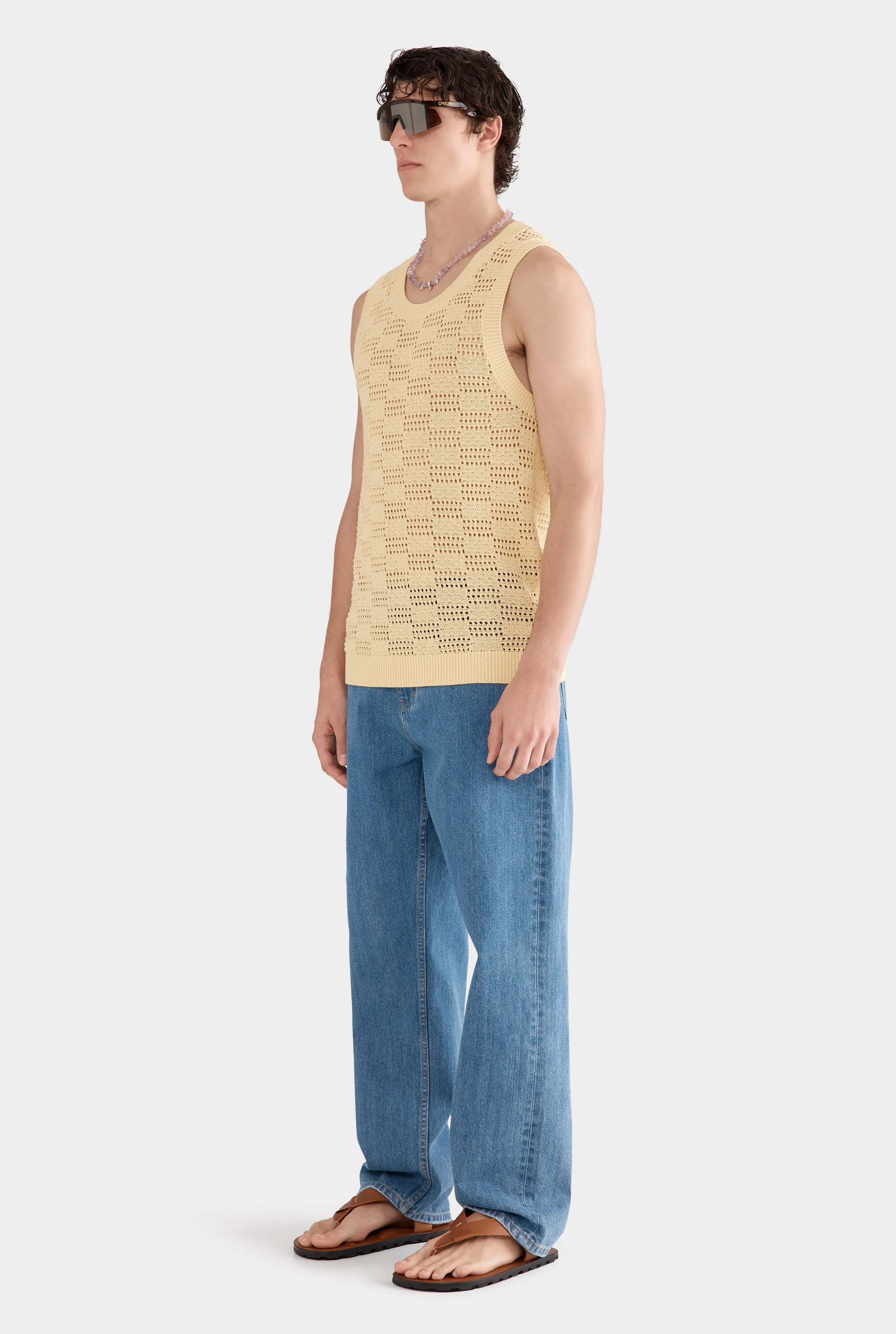 Cotton Crochet Check Tank - Butter