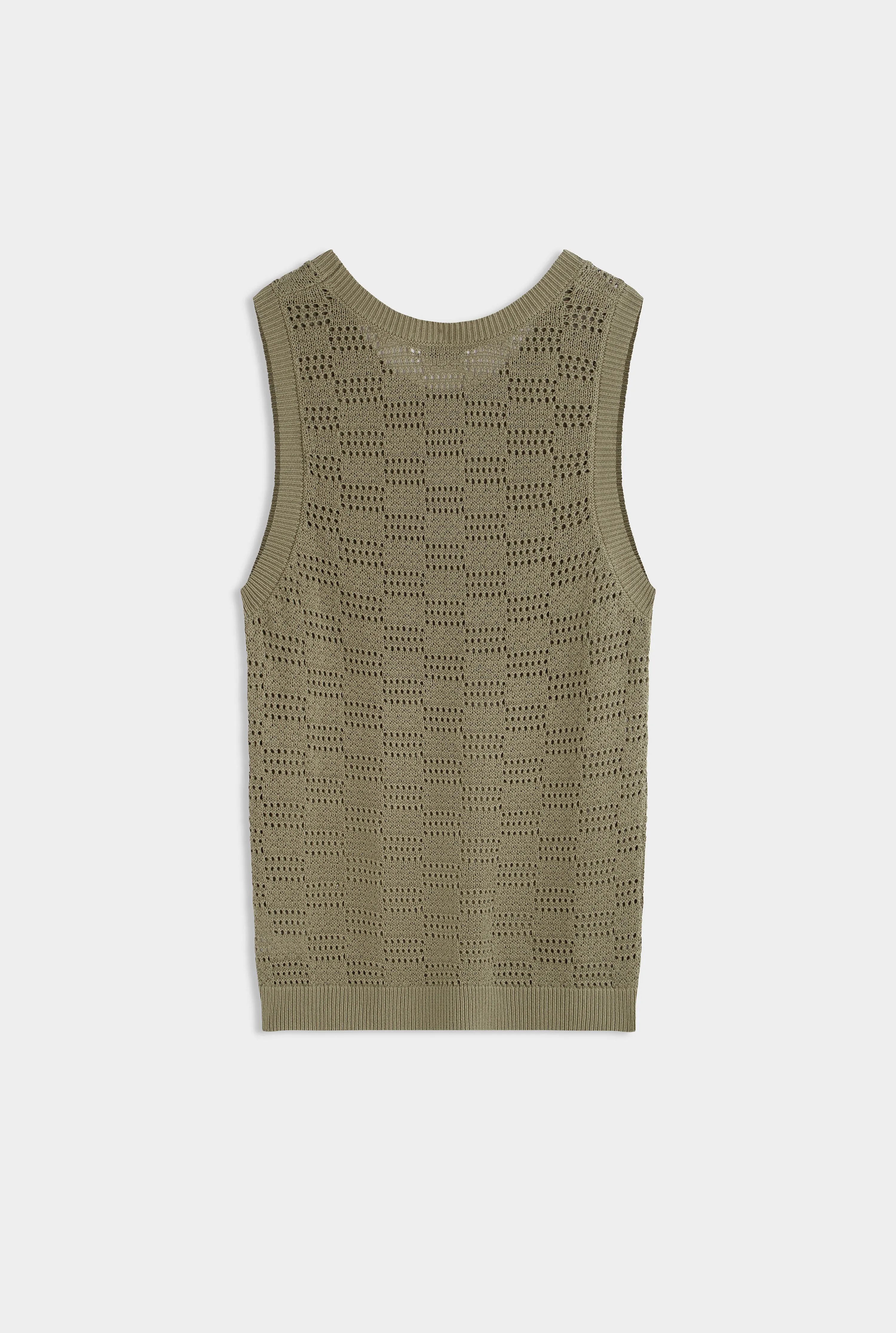 Cotton Crochet Check Tank - Dried Moss