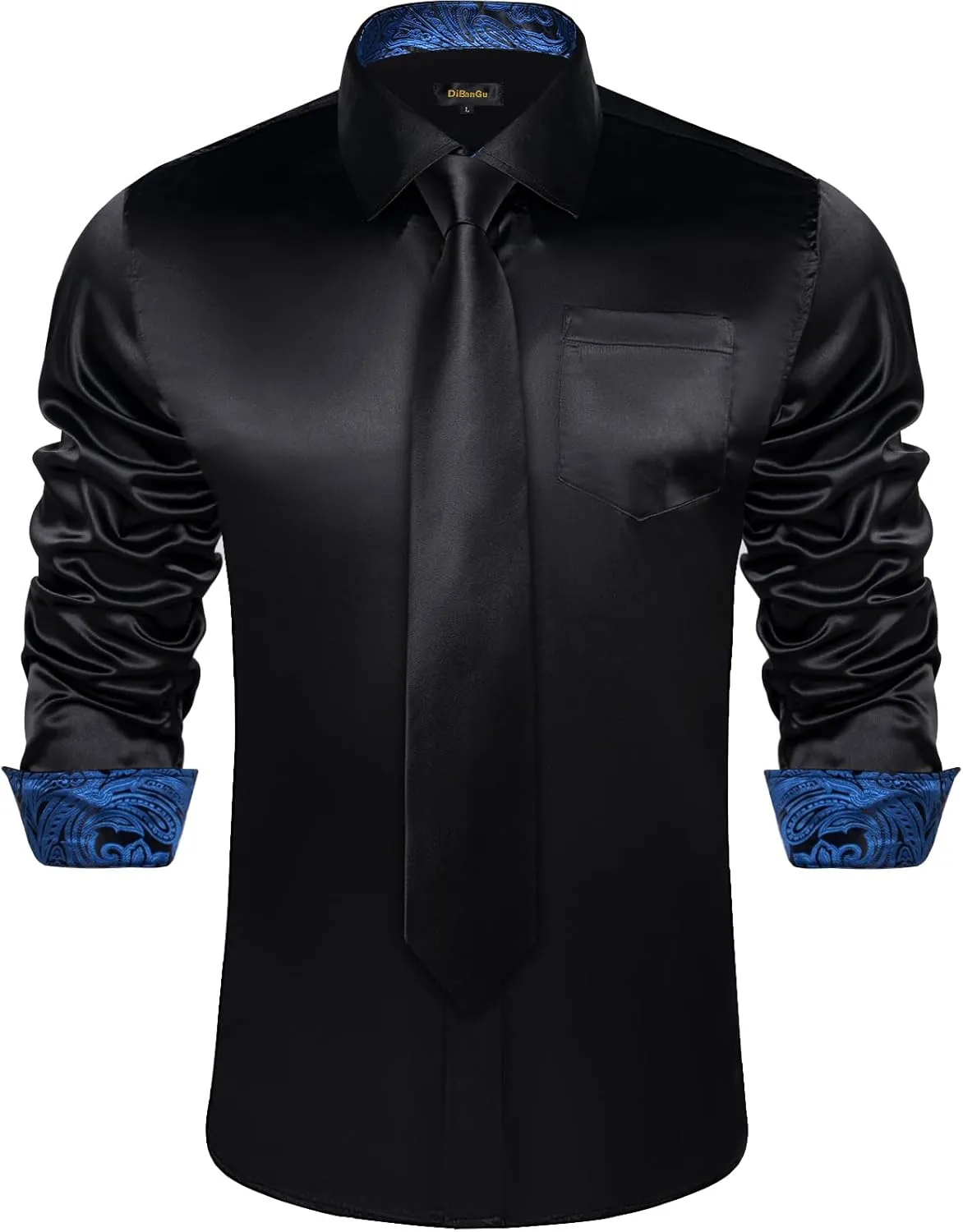 DiBanGu Satin Shirt and Tie Sets for Men Dress Shirts Long Sleeve Inner Contrast Men's Casual Button-Down Shirts S-3XL