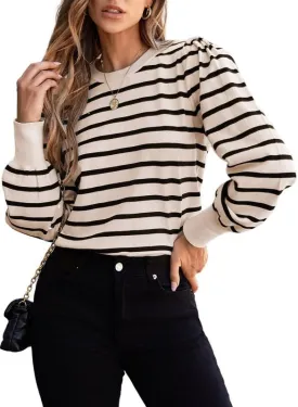 Dokotoo Women's Striped Sweaters Puff Long Sleeve Crewneck Ribbed Knit Pullover Jumper Tops Dokotoo Women's Striped Sweaters Puff Long Sleeve Crewneck Ribbed Knit Pullover Jumper Tops