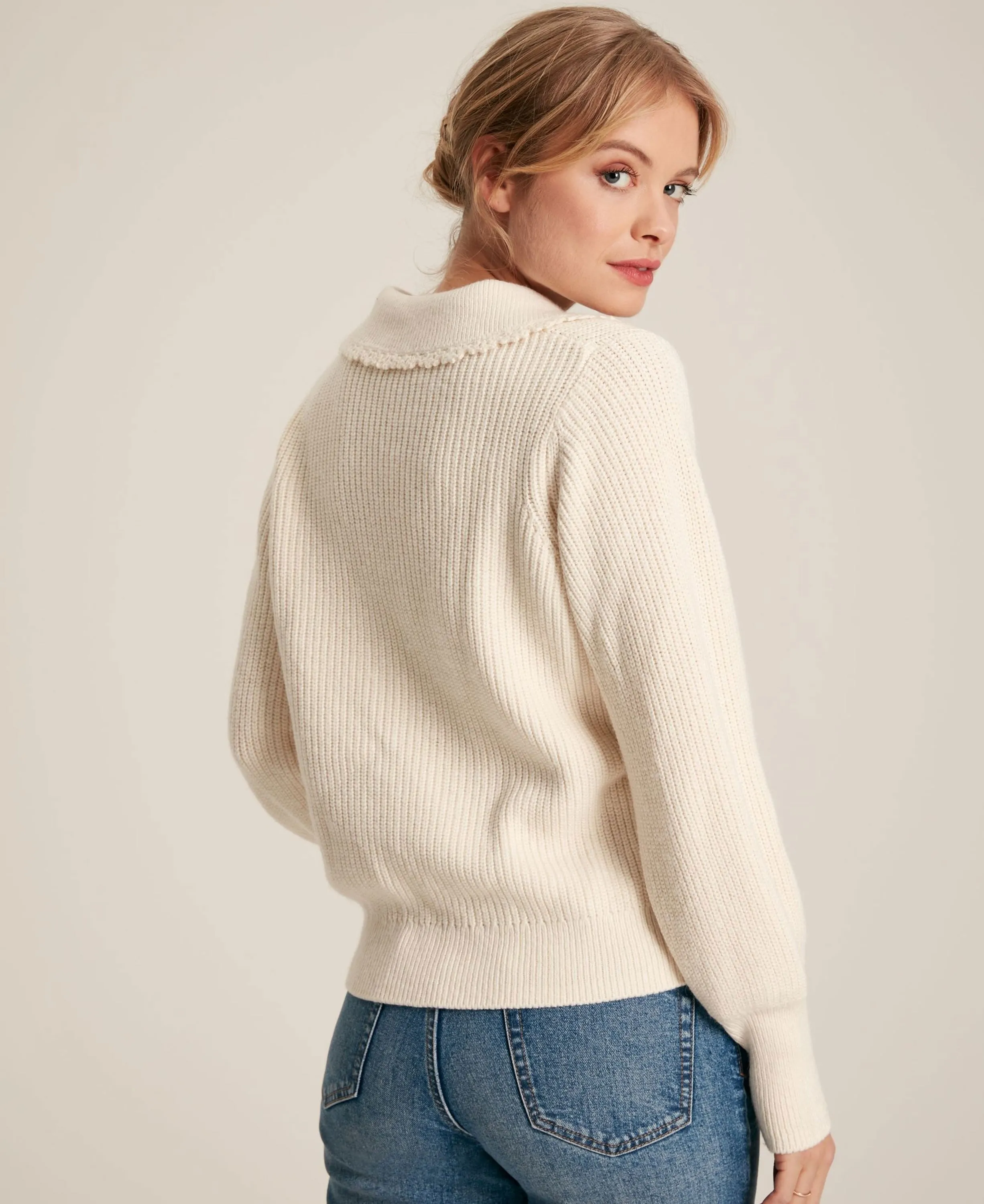Evangeline Ribbed Jumper with Crochet Collar - Creme