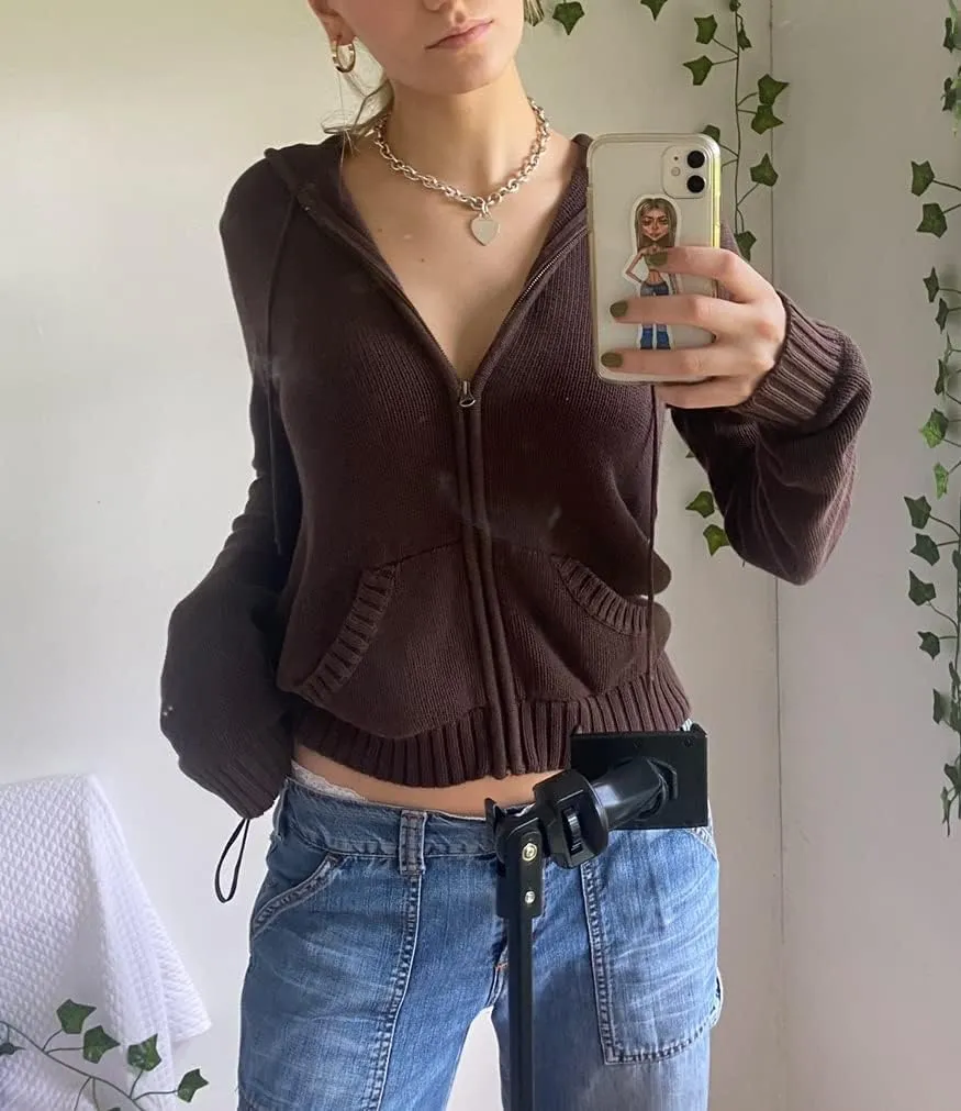Faretumiya Women Zip Up Long Sleeve Crop Hooded Tops Ribbed Knit Cropped Hoodie Jacket Y2k Cute Sweater Pullover