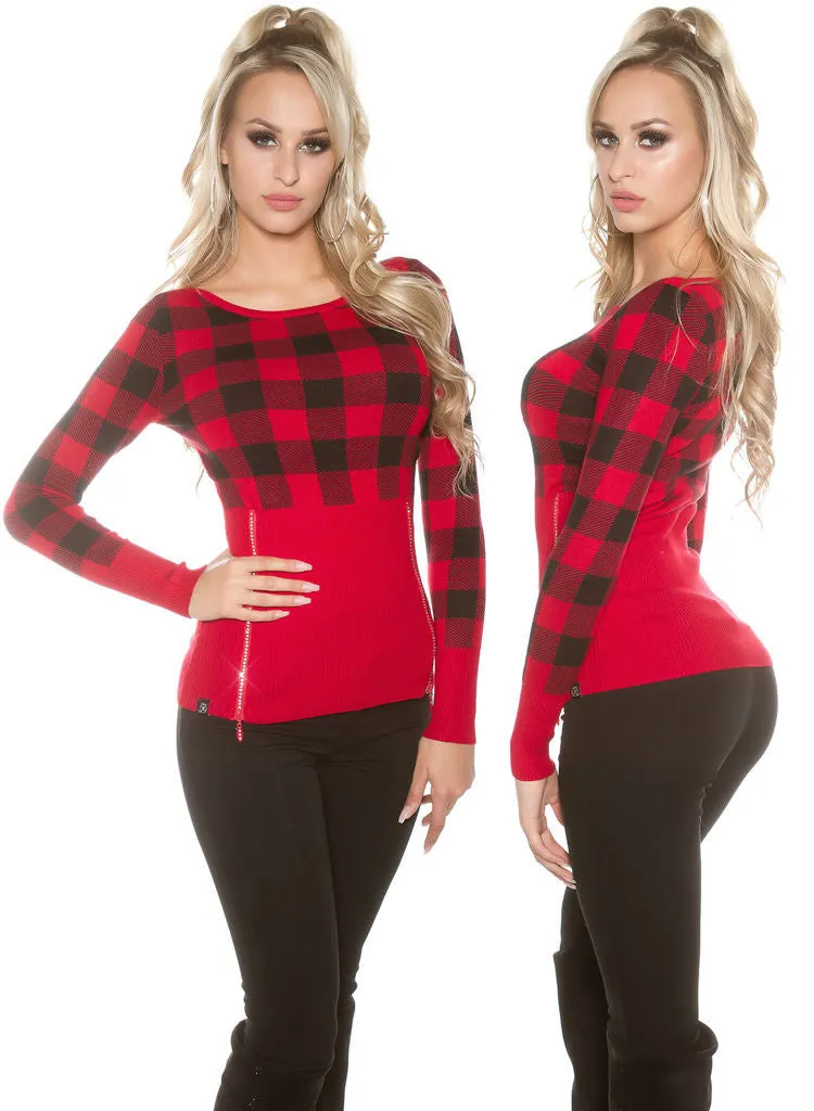 Feminine stylish Red checked knitwear Jumper top.size fits UK 8/10