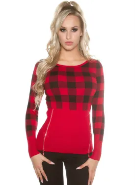 Feminine stylish Red checked knitwear Jumper top.size fits UK 8/10