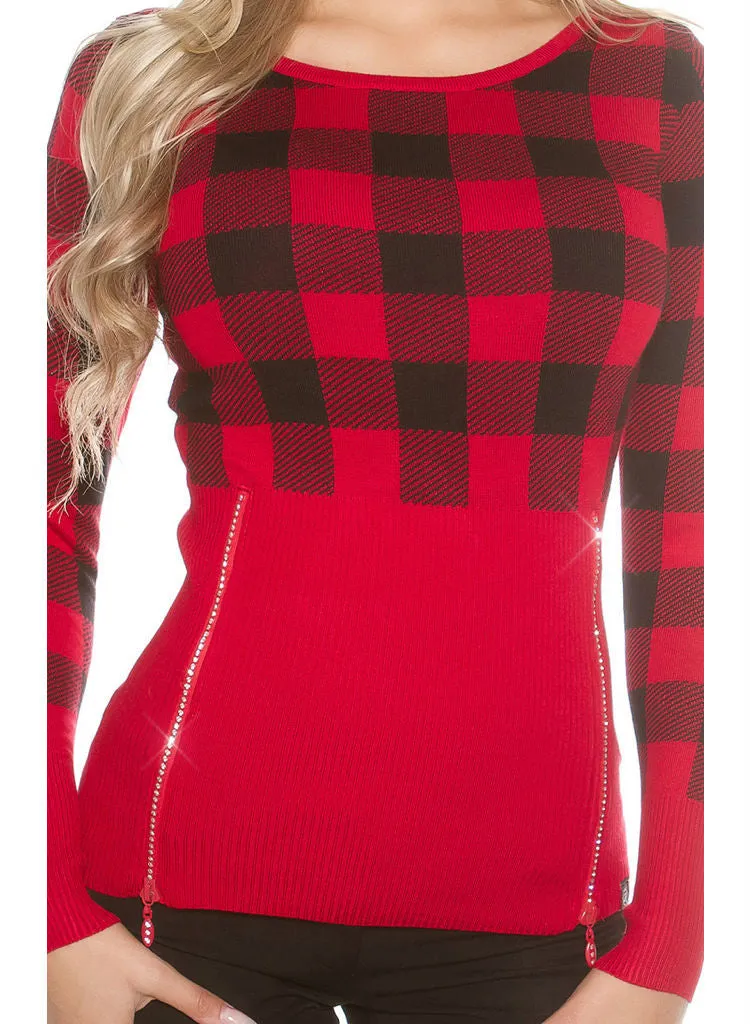 Feminine stylish Red checked knitwear Jumper top.size fits UK 8/10