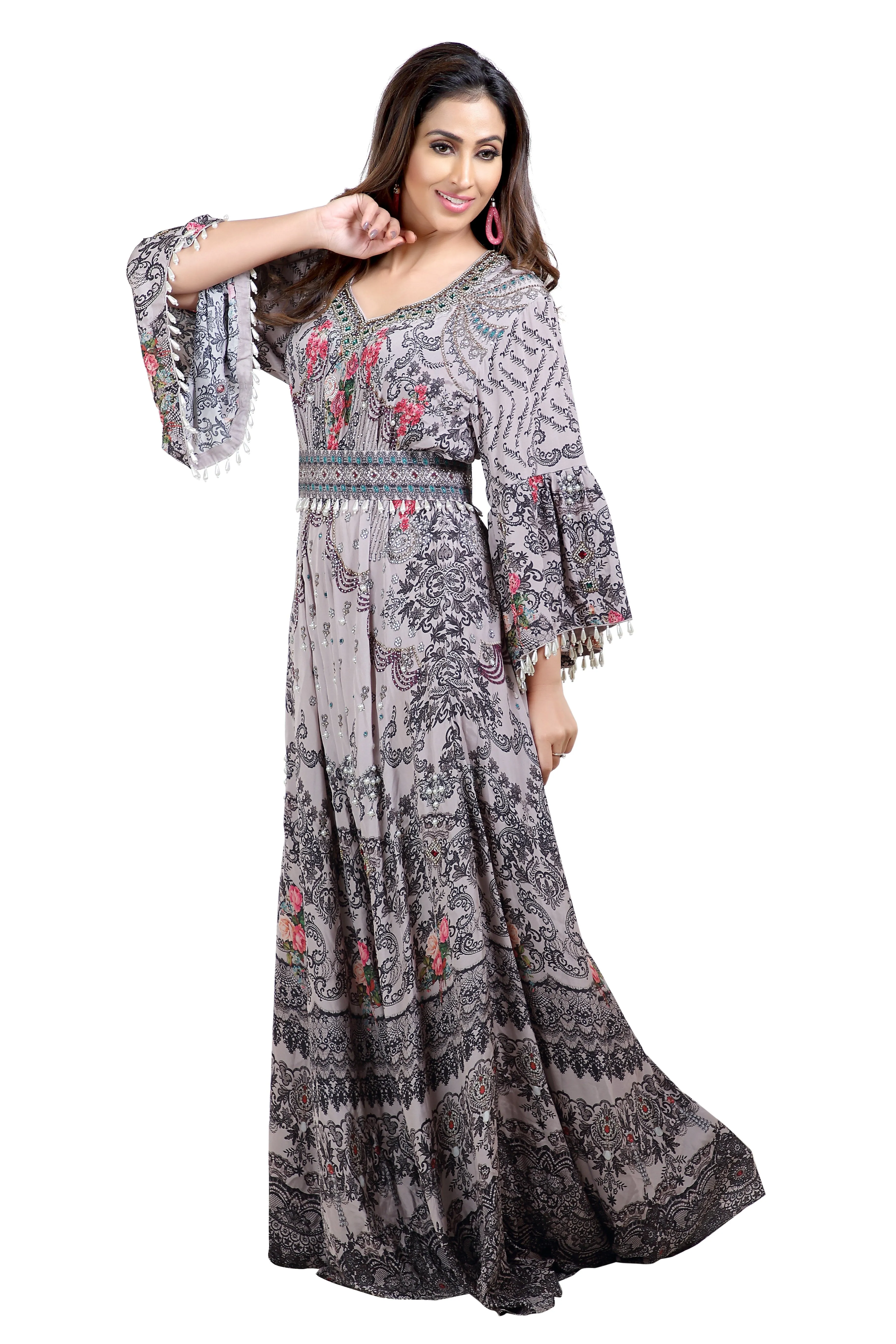 Floral Digital Printed Haute Coutre Kaftan Embroidery