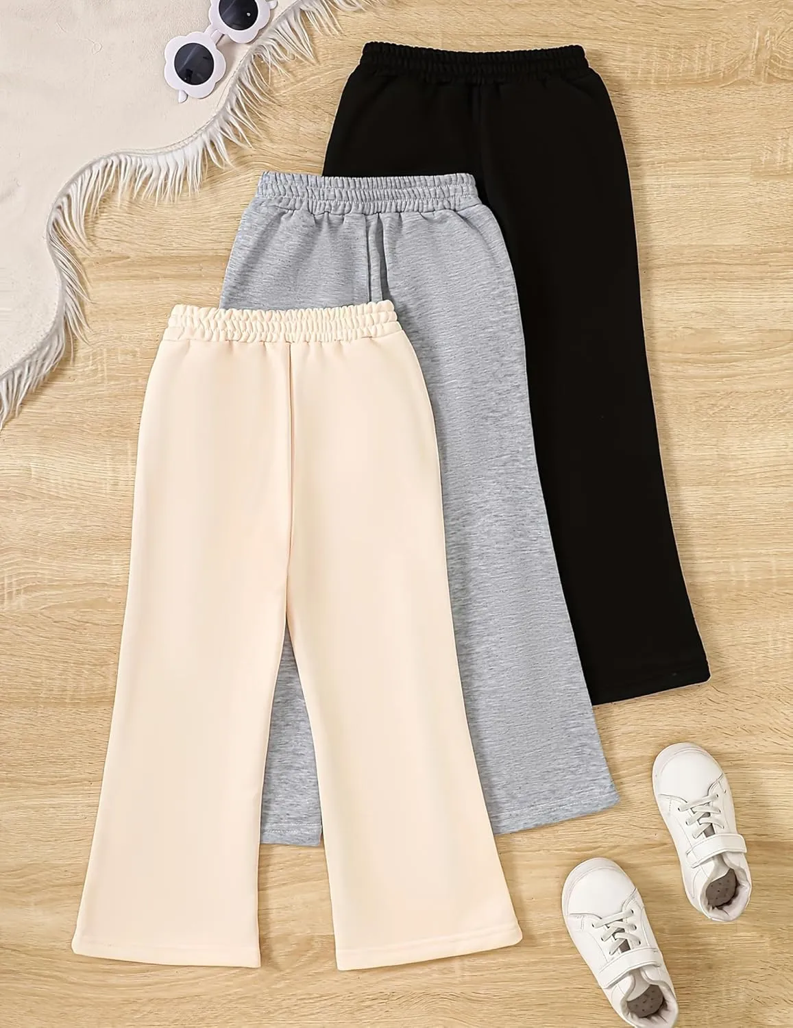Girls 3 Pcs Wide Leg Sweatpants Casual Elastic Waist Straight Leg Jogger Pants with Pockets