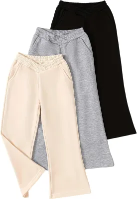 Girls 3 Pcs Wide Leg Sweatpants Casual Elastic Waist Straight Leg Jogger Pants with Pockets