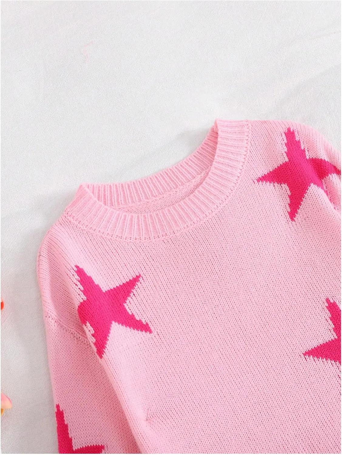 Girl's Star Print Graphic Sweater Crewneck Long Sleeve Drop Shoulder Knitwear
