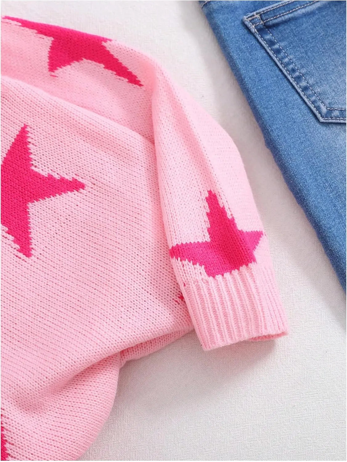 Girl's Star Print Graphic Sweater Crewneck Long Sleeve Drop Shoulder Knitwear