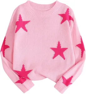 Girl's Star Print Graphic Sweater Crewneck Long Sleeve Drop Shoulder Knitwear