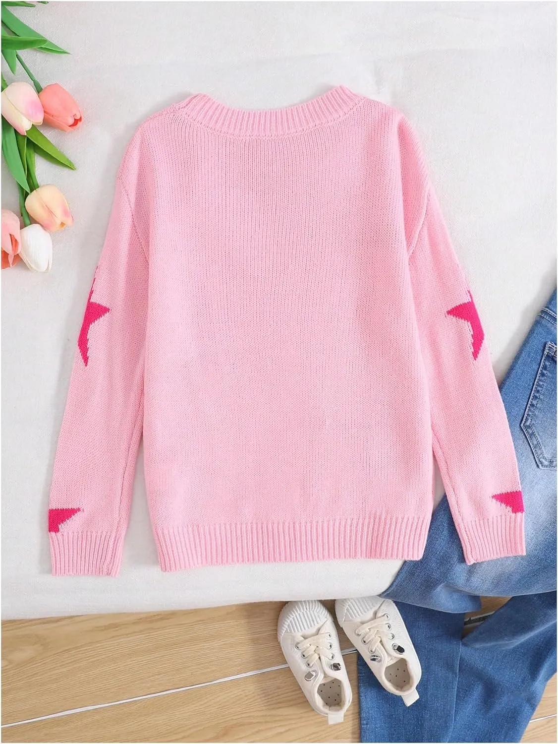 Girl's Star Print Graphic Sweater Crewneck Long Sleeve Drop Shoulder Knitwear