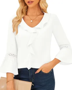 GRACE KARIN Womens V Neck Ruffle Tops 3/4 Sleeve Tops Business Casual Blouses Dressy Shirts Lace Patchwork Shirts