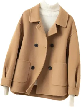 Hdhdeueh Womens Double Breasted Wool Coat Short Pockets Jacket Outwear Vintage Cardigan