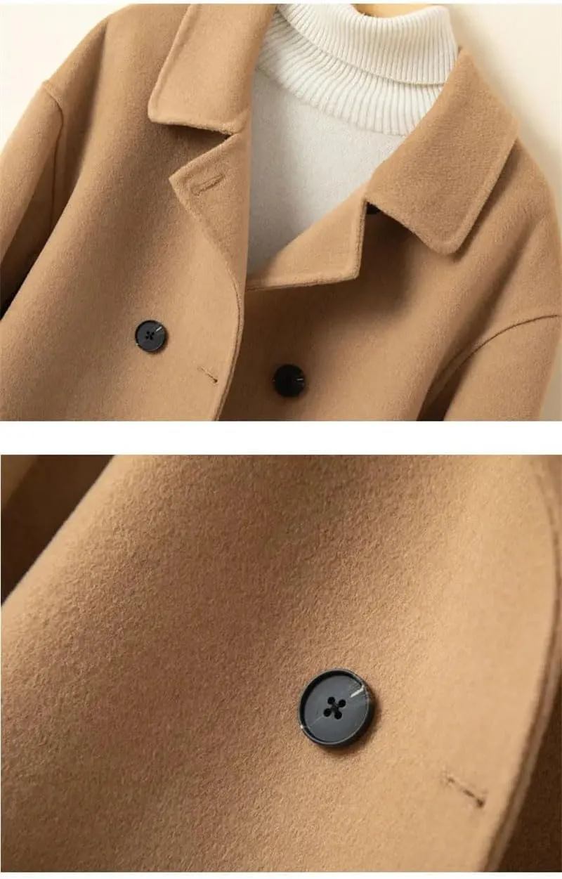 Hdhdeueh Womens Double Breasted Wool Coat Short Pockets Jacket Outwear Vintage Cardigan
