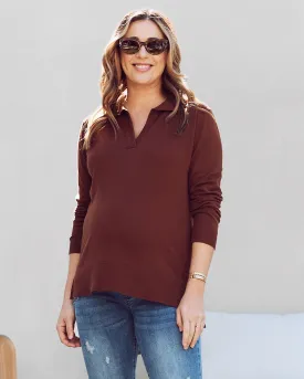 Luxurious Jolie Maternity Polo Knit Sweater in Rich Brown
