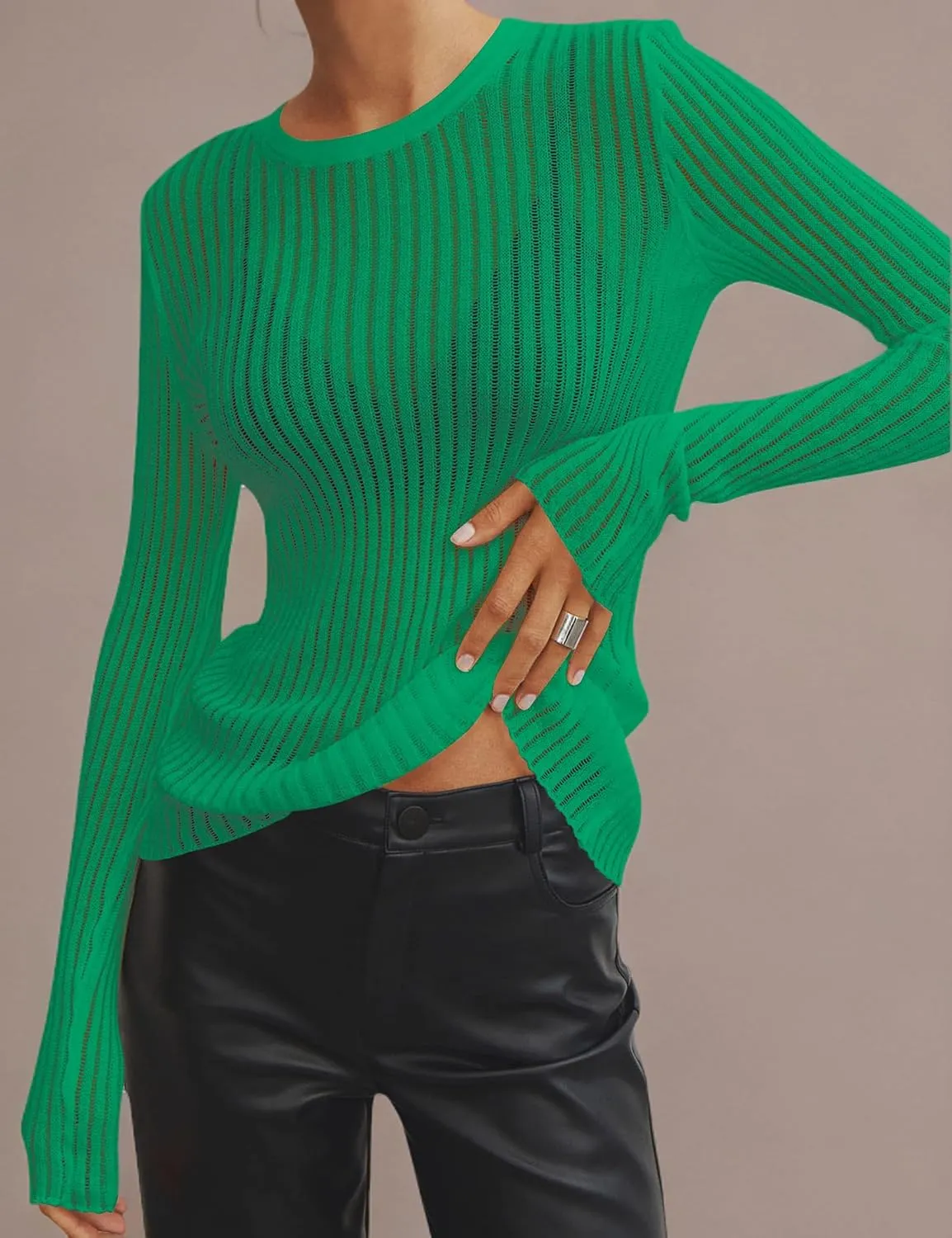 KAMISSY Women See Through Crew Neck Sheer Mesh Knitted Sweater Solid Basic Long Sleeve Loose Fit Knit Pullover Jumper Top