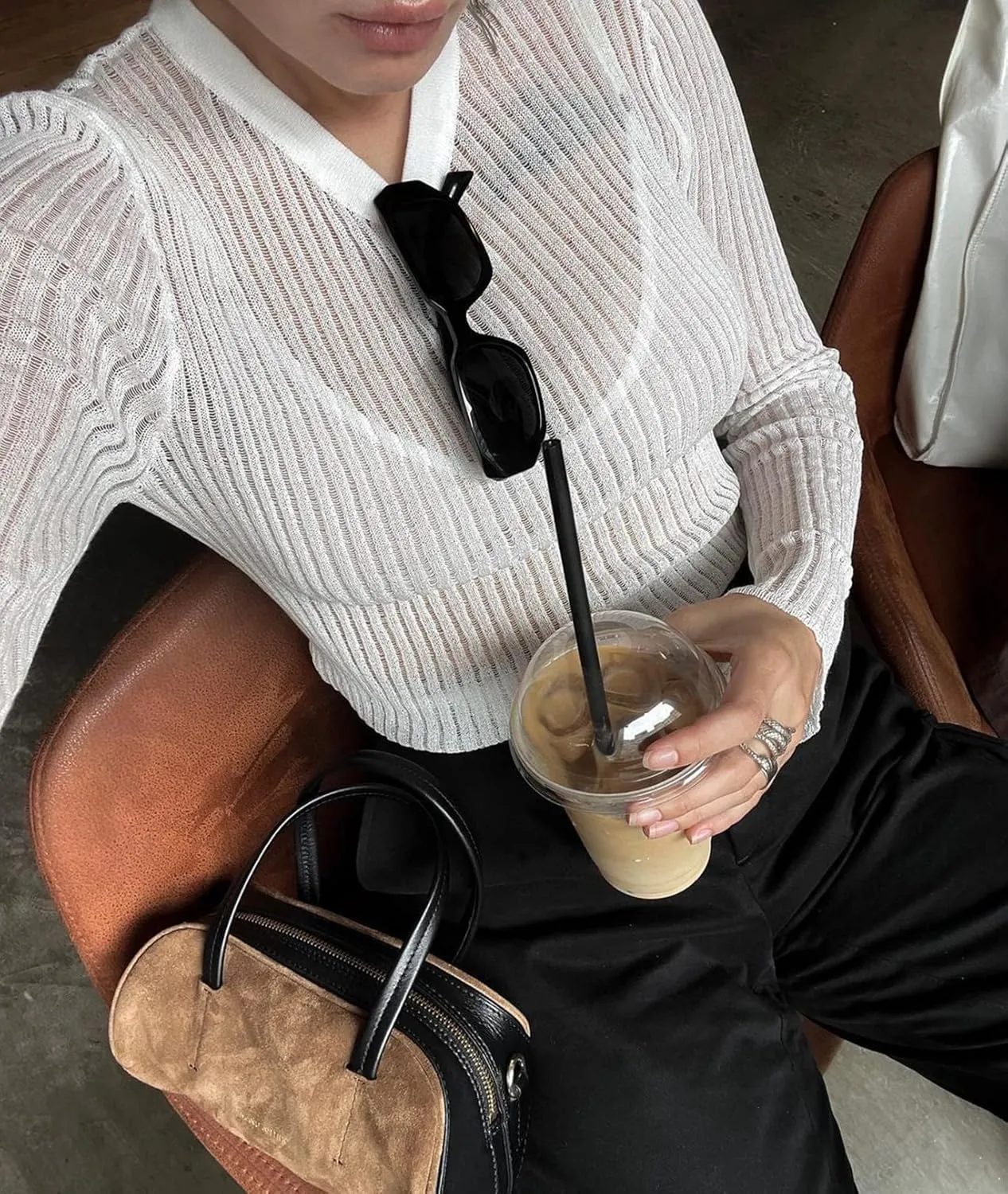 KAMISSY Women See Through Crew Neck Sheer Mesh Knitted Sweater Solid Basic Long Sleeve Loose Fit Knit Pullover Jumper Top