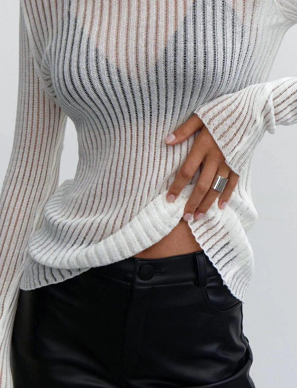 KAMISSY Women See Through Crew Neck Sheer Mesh Knitted Sweater Solid Basic Long Sleeve Loose Fit Knit Pullover Jumper Top