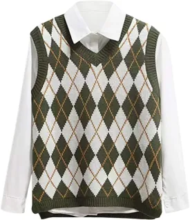 Lailezou Women's V Neck Knit Sweater Vest Argyle Plaid Preppy Style Sleeveless Crop Knitwear Tank