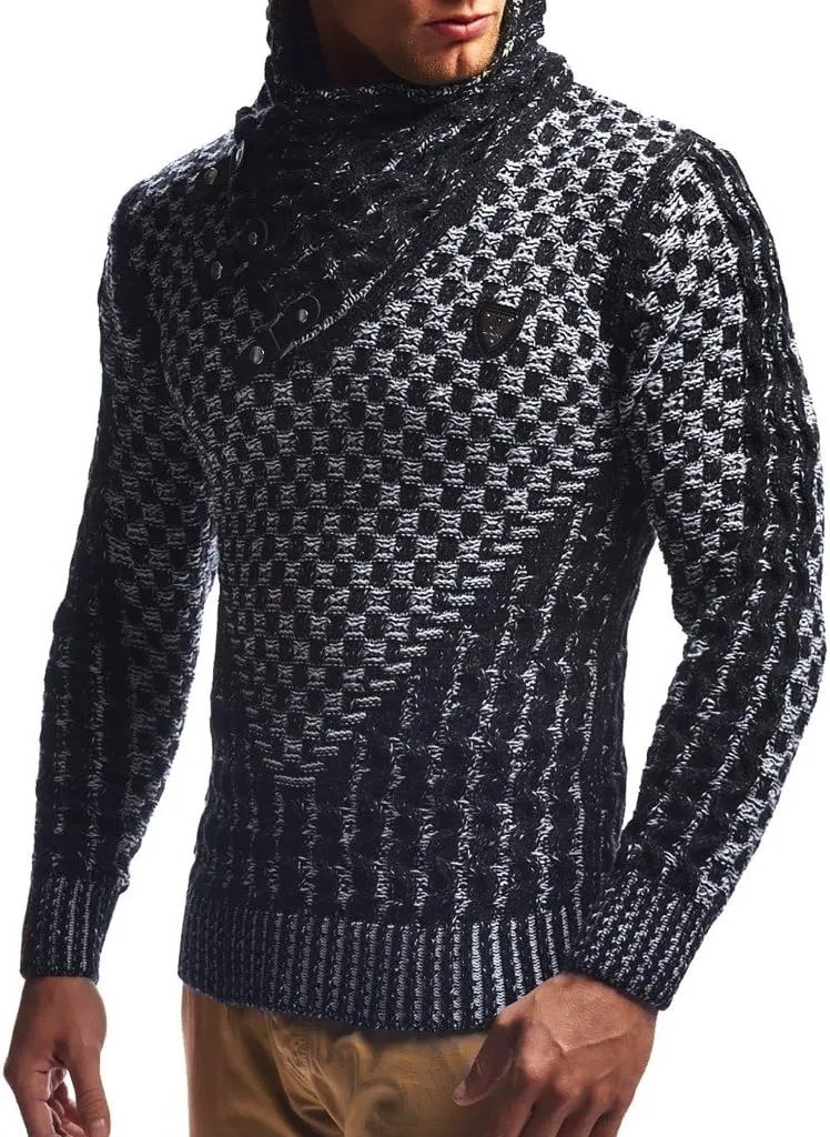 Leif Nelson Mens Knitted Pullover | Long-Sleeved Slim fit Shirt | Basic Sweatshirt with Shawl Collar and Faux Leather