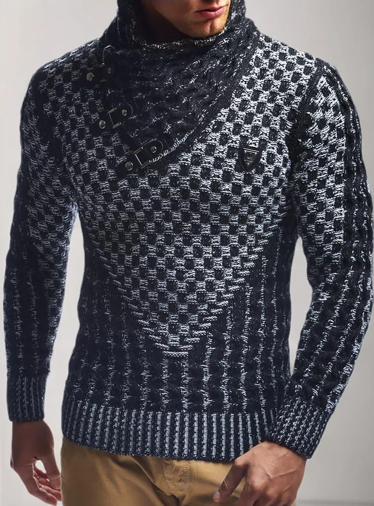 Leif Nelson Mens Knitted Pullover | Long-Sleeved Slim fit Shirt | Basic Sweatshirt with Shawl Collar and Faux Leather