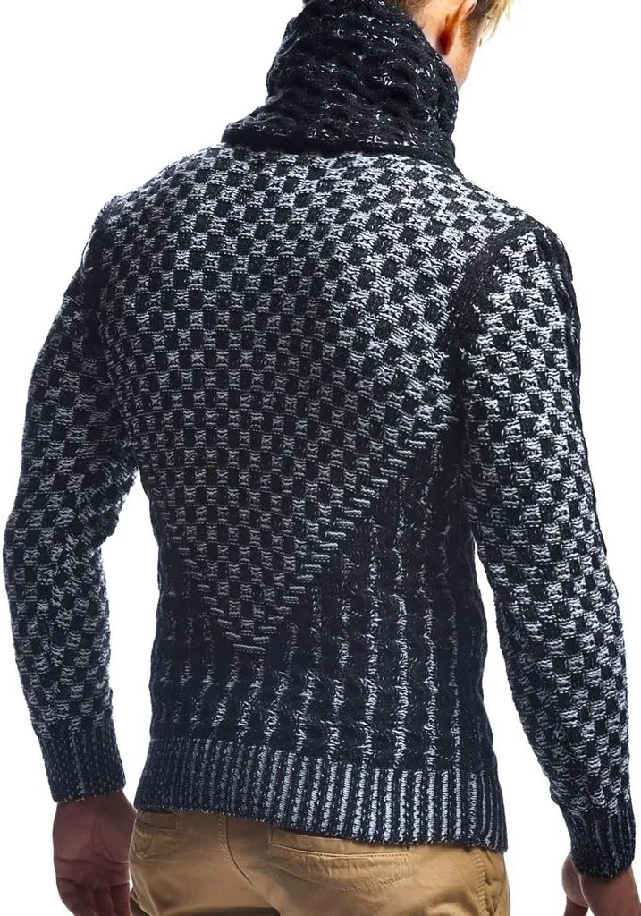 Leif Nelson Mens Knitted Pullover | Long-Sleeved Slim fit Shirt | Basic Sweatshirt with Shawl Collar and Faux Leather