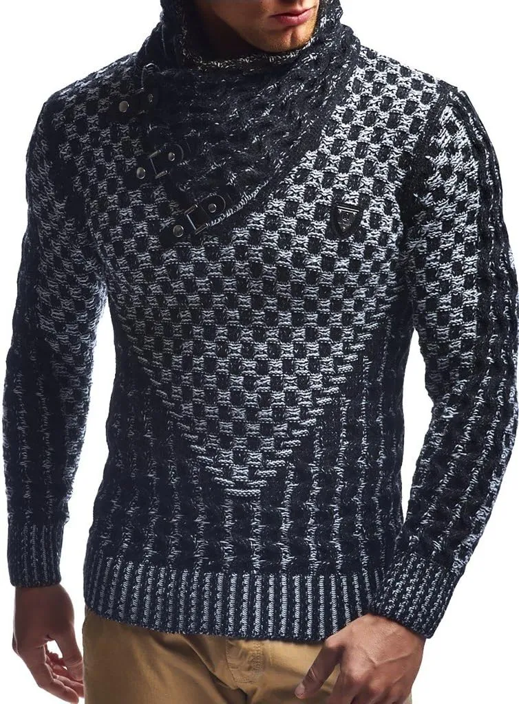 Leif Nelson Mens Knitted Pullover | Long-Sleeved Slim fit Shirt | Basic Sweatshirt with Shawl Collar and Faux Leather